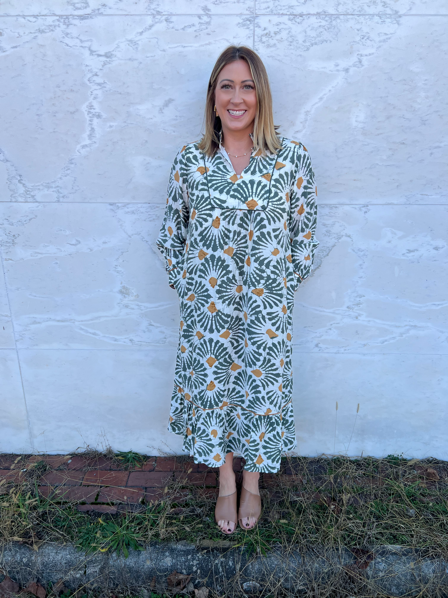 . Hippie Vibes Olive and Cream Print Dress