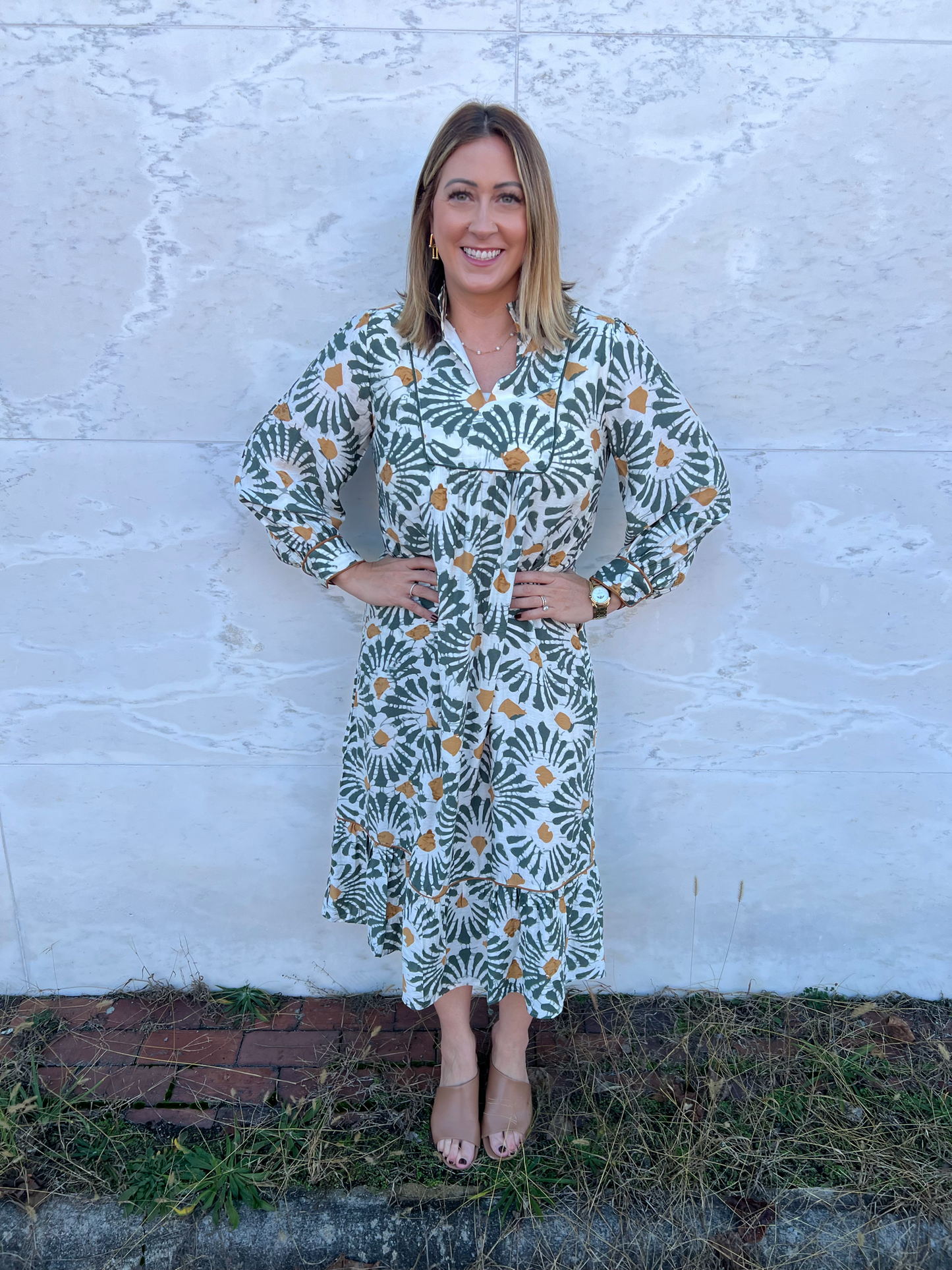 . Hippie Vibes Olive and Cream Print Dress