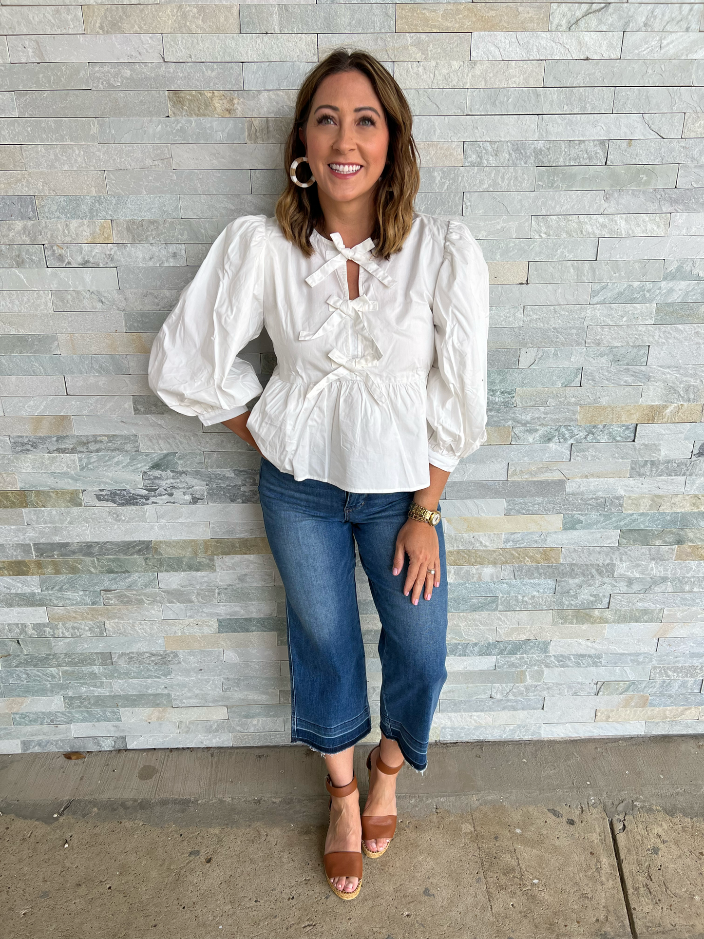 . Romance Off White Bubble Sleeve Peplum Top with Bows