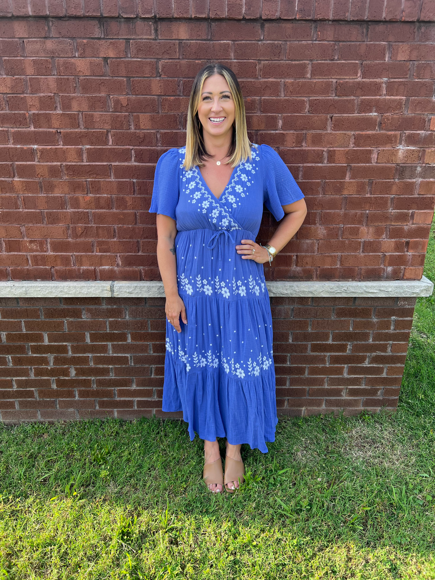 Happiest Here Paris Blue Embroidered Dress