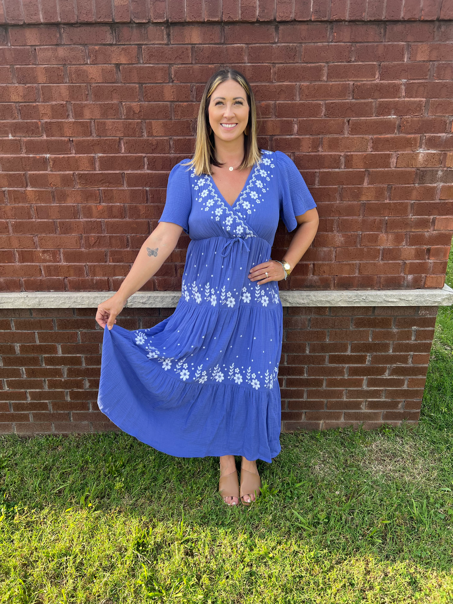 Happiest Here Paris Blue Embroidered Dress