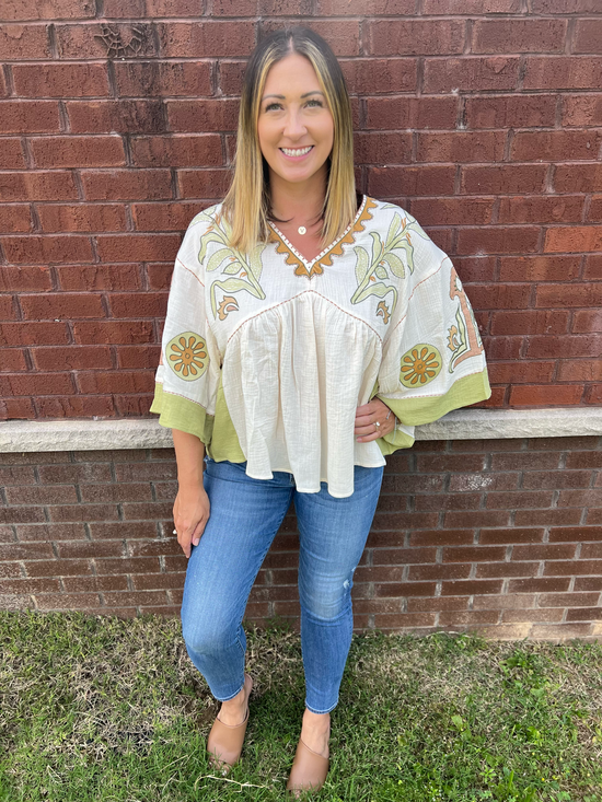 Hippie Fall Natural and Sage Embroidered Top