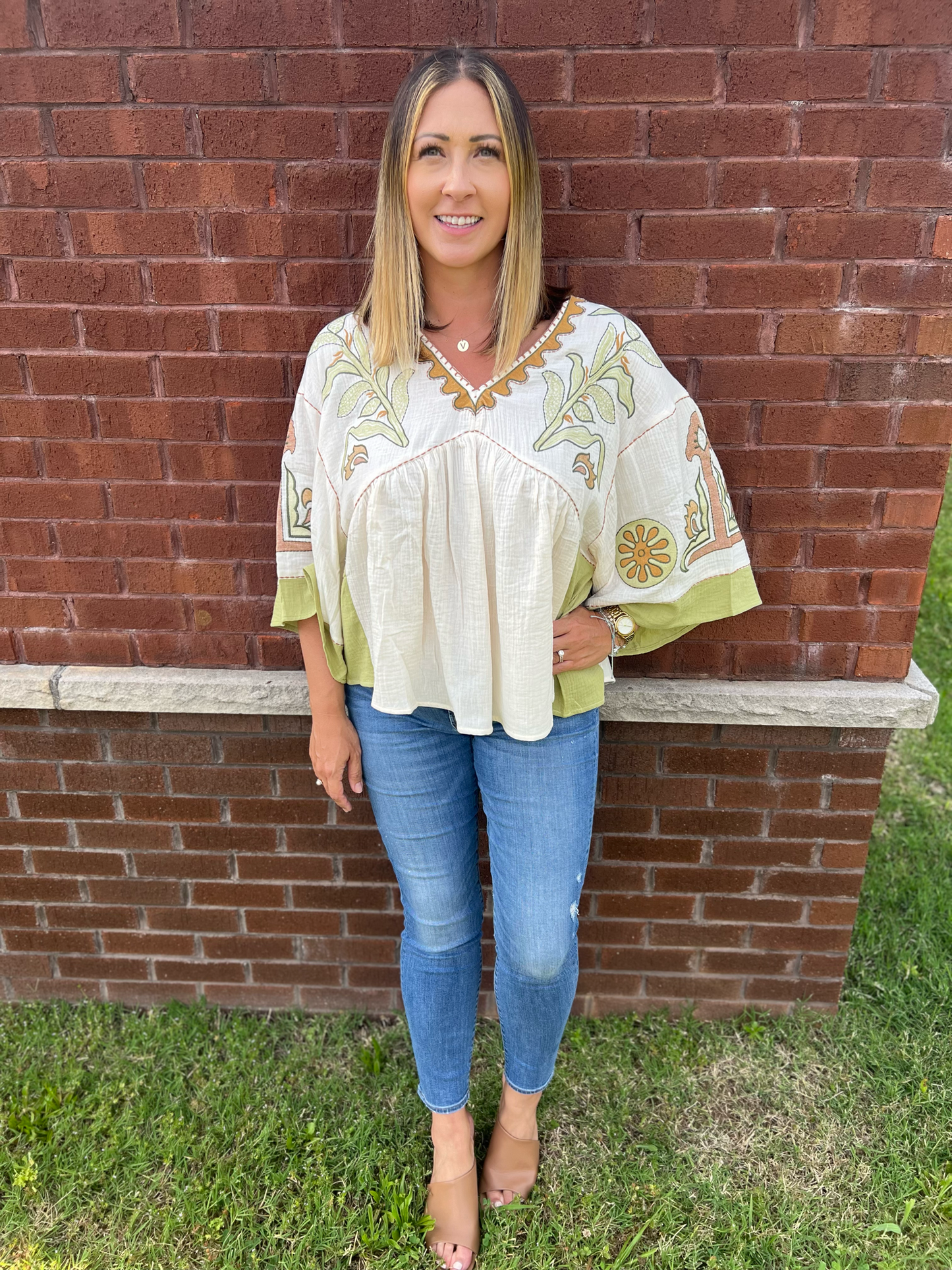 Hippie Fall Natural and Sage Embroidered Top