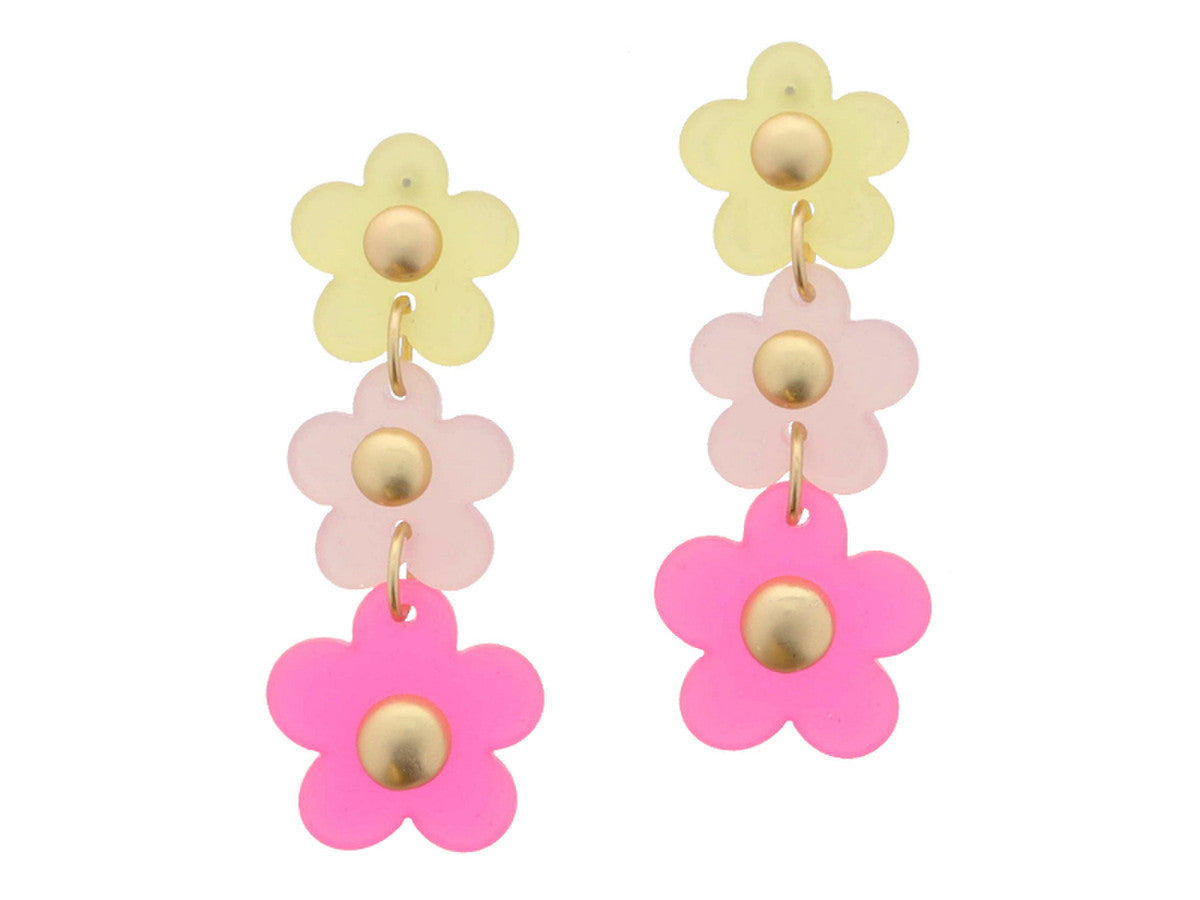 YELLOW, LIGHT PINK, HOT PINK TIERRED ACRYLIC FLOWERS EARRINGS