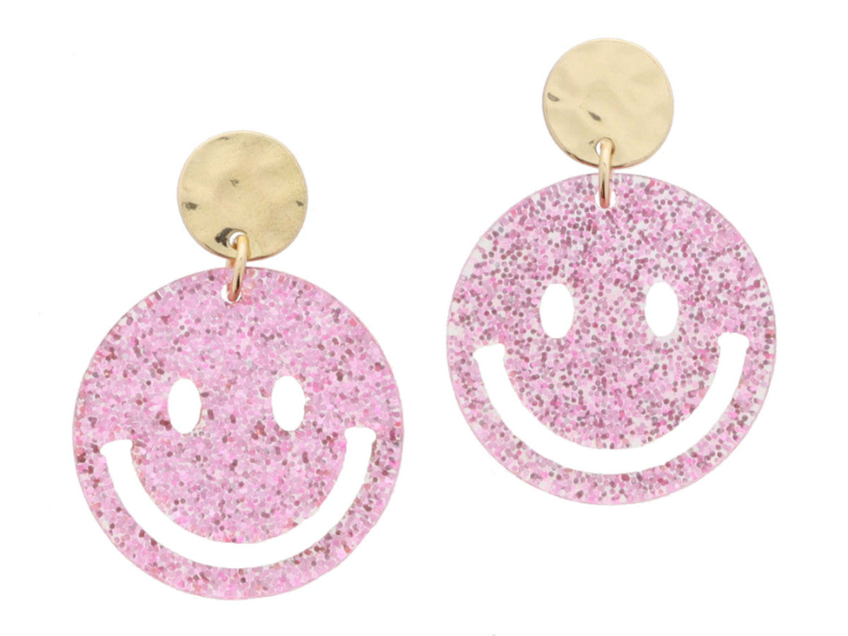 GOLD HAMMERED POST WITH PINK GLITTER ACRYLIC HAPPY FACE EARRINGS