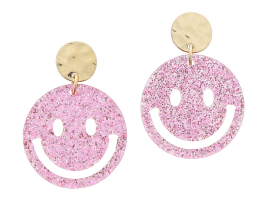 * GOLD HAMMERED POST WITH PINK GLITTER ACRYLIC HAPPY FACE EARRINGS