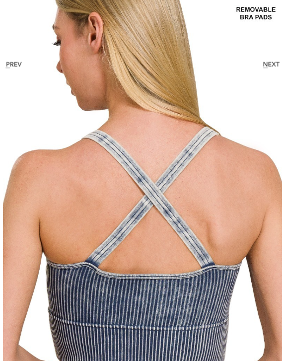 . V Neck Washed Ribbed Crop Bra Padded Tank