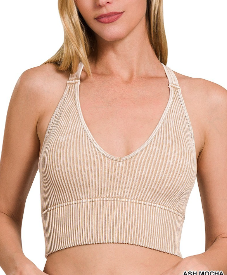 . V Neck Washed Ribbed Crop Bra Padded Tank