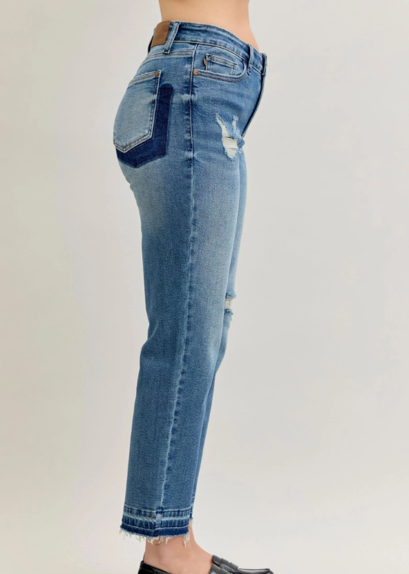 Judy Blue MR BF Patch & Repair Destroy Release Hem Denim Jeans