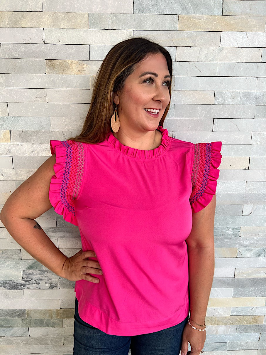 * Love You A Brunch Fuchsia Top Smocked Cap Sleeve