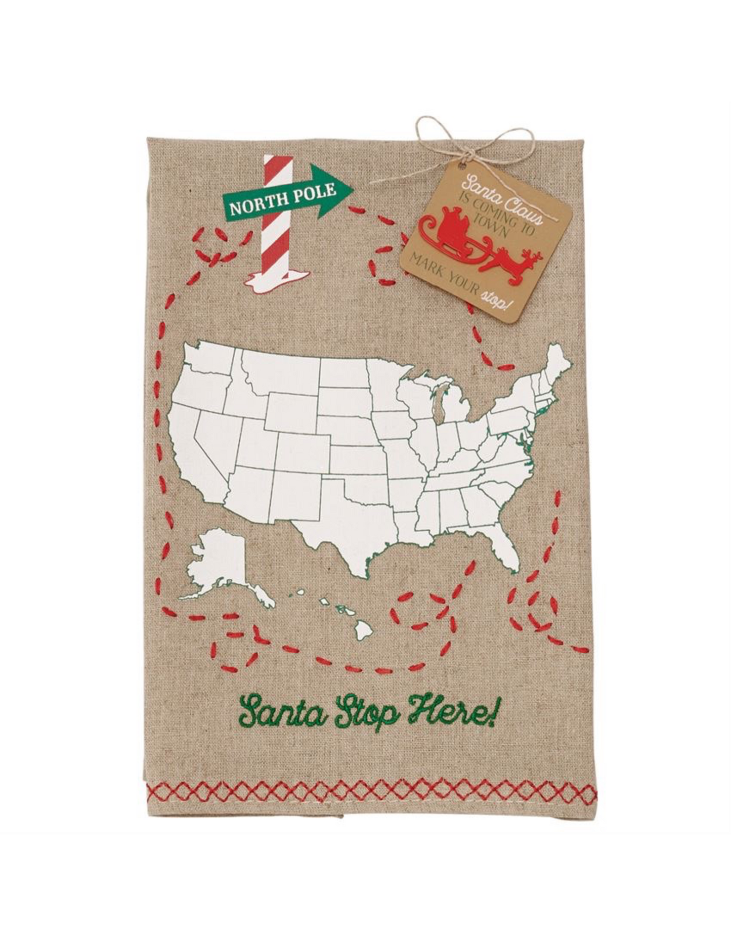 * Santa Stop Here Christmas Towel W Mark Your Stop Sleigh Pin