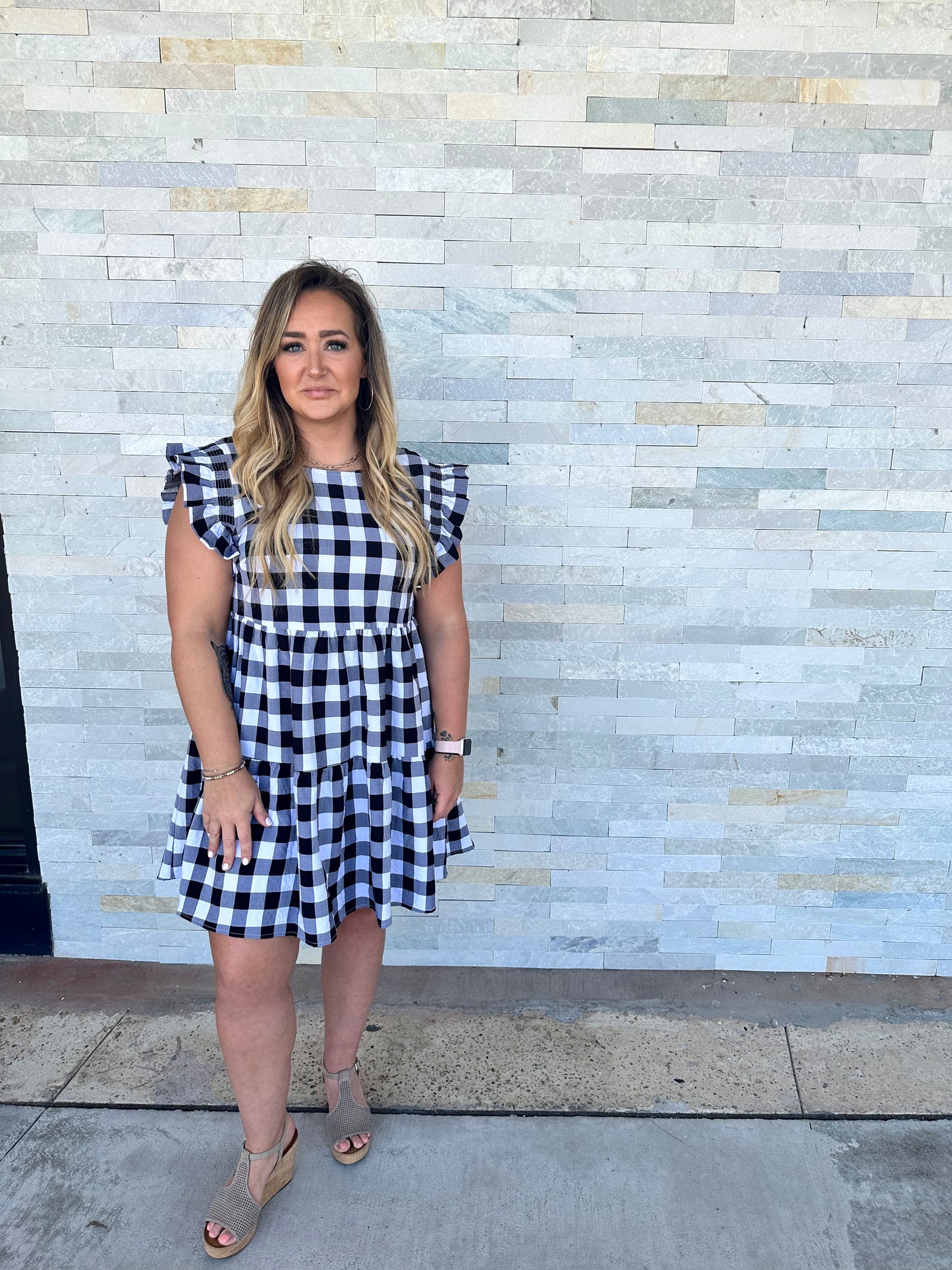 Load image into Gallery viewer, . Check Mate Black Tiered Gingham Dress
