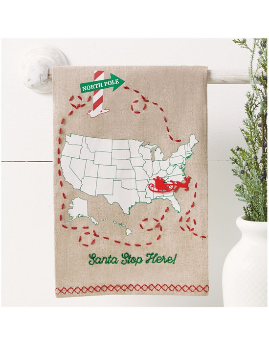 * Santa Stop Here Christmas Towel W Mark Your Stop Sleigh Pin