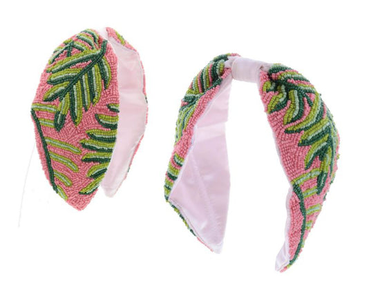 * Jane Marie Pink With Palm Leaves Beaded Headband